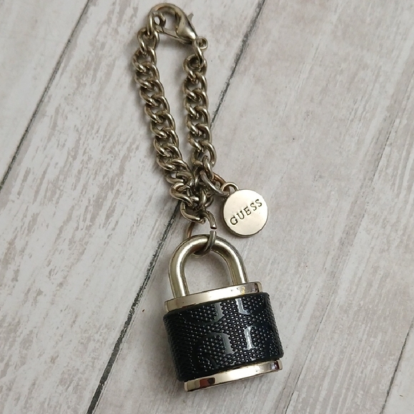 Guess Handbags - GUESS Black and Gold Padlock Charm Keychain with Logo Charm